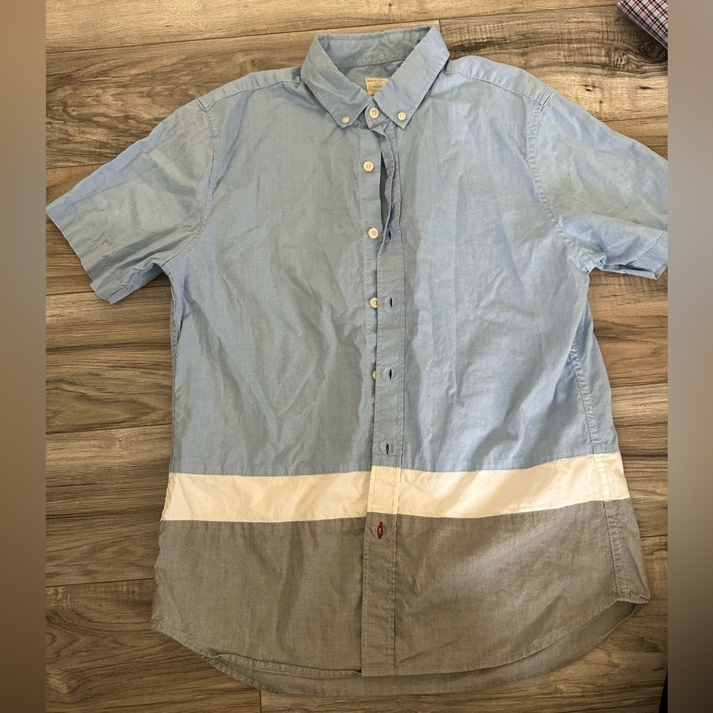 Giordano Men's Blue and Gray Colorblock Button Down Shirt Slim Fit Cotton Size M